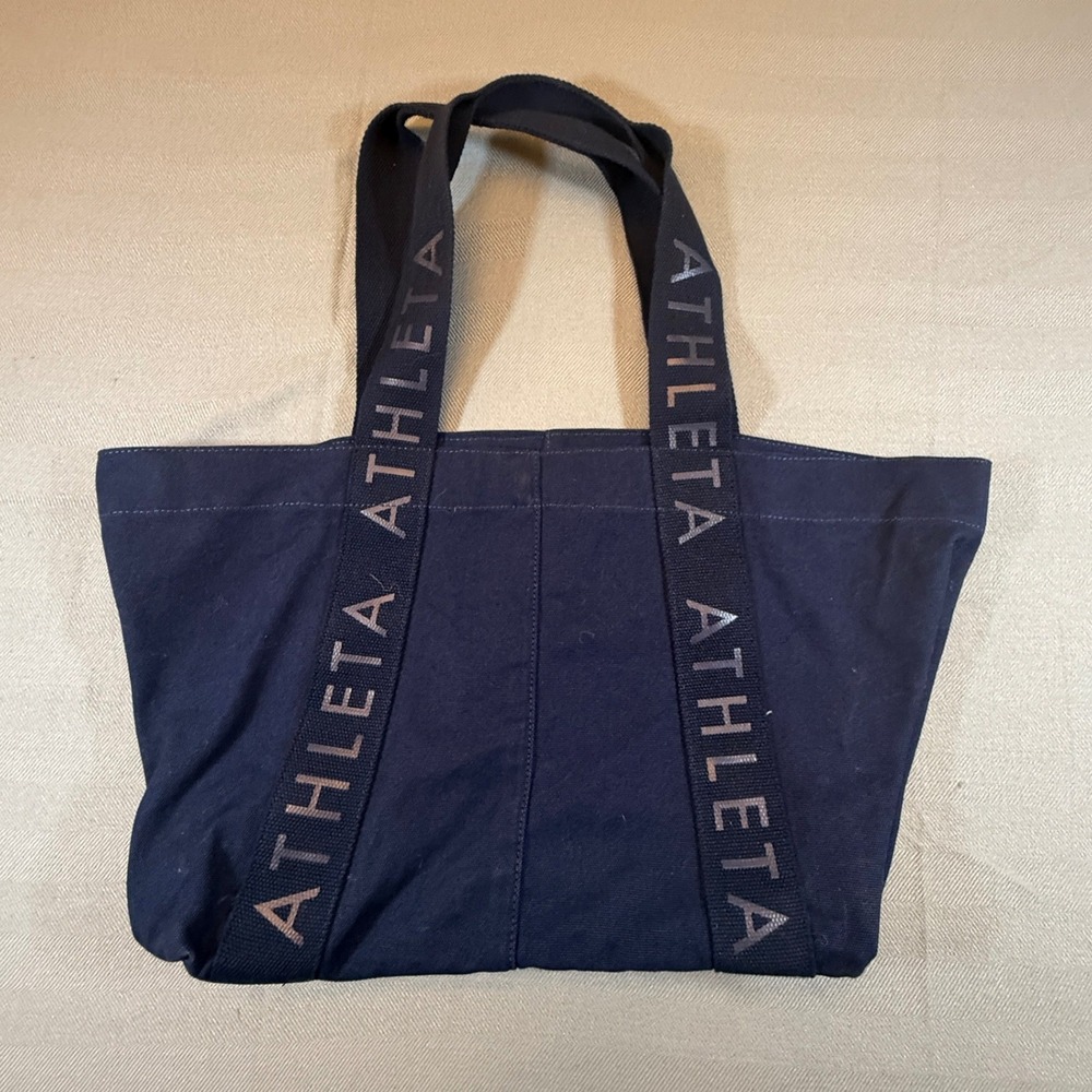 Athleta Navy Blue Cotton Canvas Logo Strap Tote Bag Gym Travel Carryall